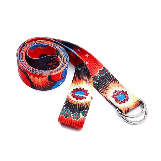 Printed Cotton Yoga Belt Washable D-Ring Stretch