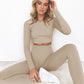 2 Piece Set Women Ribbed Seamless Long Sleeve Yoga Sets
