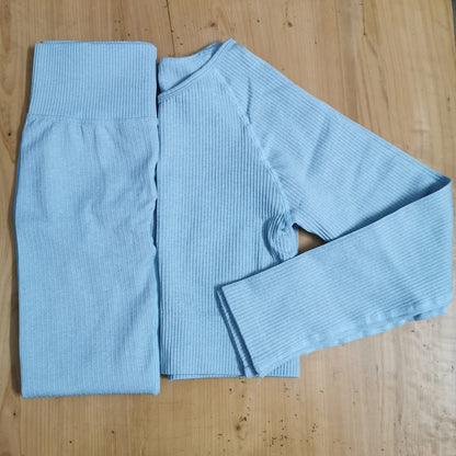 2 Piece Set Women Ribbed Seamless Long Sleeve Yoga Sets
