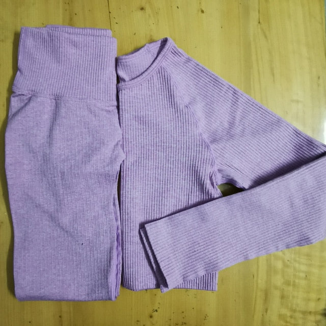 2 Piece Set Women Ribbed Seamless Long Sleeve Yoga Sets
