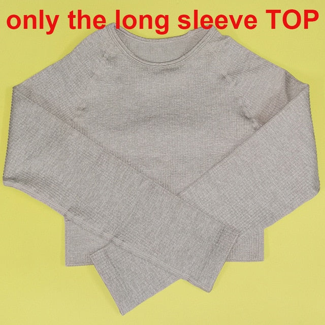 2 Piece Set Women Ribbed Seamless Long Sleeve Yoga Sets