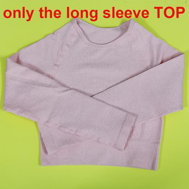 2 Piece Set Women Ribbed Seamless Long Sleeve Yoga Sets