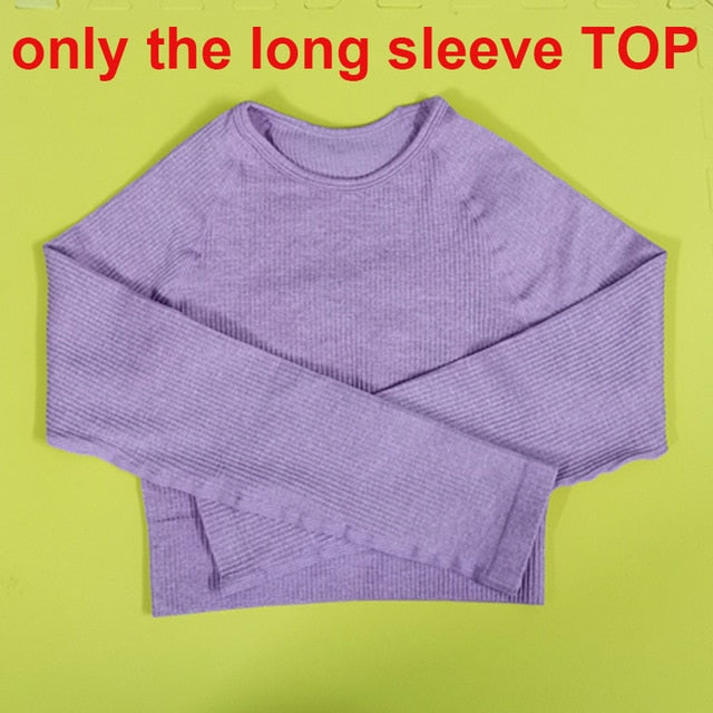 2 Piece Set Women Ribbed Seamless Long Sleeve Yoga Sets