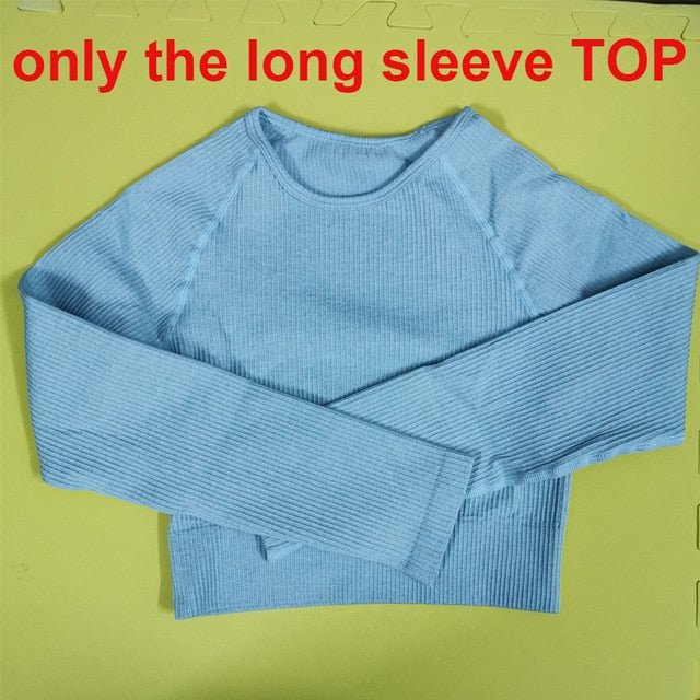 2 Piece Set Women Ribbed Seamless Long Sleeve Yoga Sets